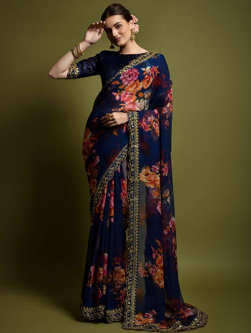 women floral printed bordered saree with blouse - 22361882 - Very Small Image - 1