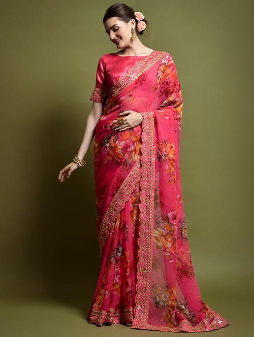 women floral printed bordered saree with blouse - 22361886 - Very Small Image - 1