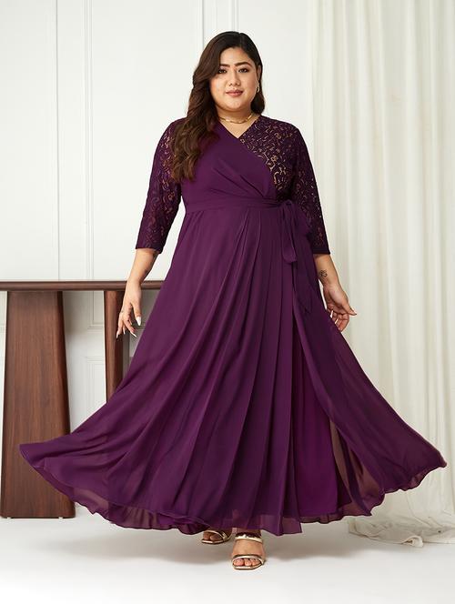 women plus size solid long sleeve lace wrap dress - 22362473 - Very Small Image - 1