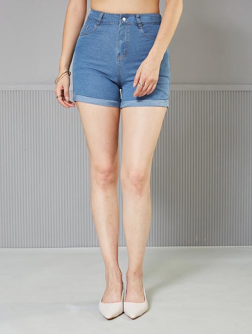 Women Solid High Rise Denim Shorts - 22362517 - Very Small Image - 1