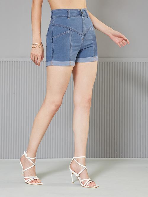 women solid high rise denim shorts - 22363249 - Very Small Image - 1