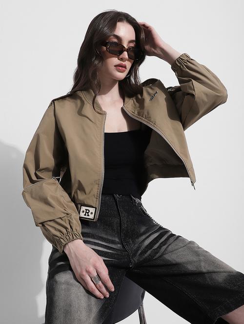 Women Solid Long Sleeve Crop Biker Jacket - 22363311 - Very Small Image - 1