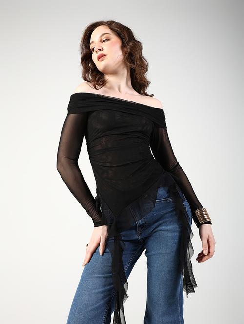 womne solid off shoulder long sleeve asymmetric top - 22363389 - Very Small Image - 1
