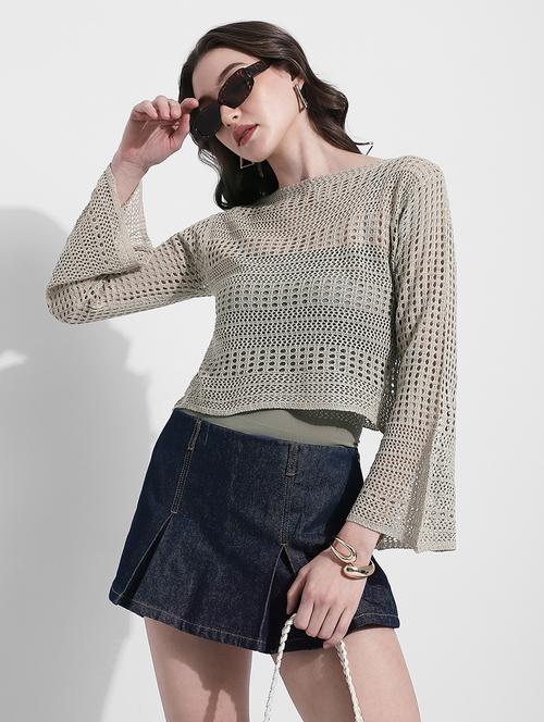 women self designed long sleeve crochet crop top - 22363394 - Very Small Image - 1