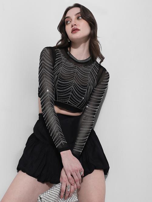 women embellsihed long sleeev crop top - 22363416 - Very Small Image - 1