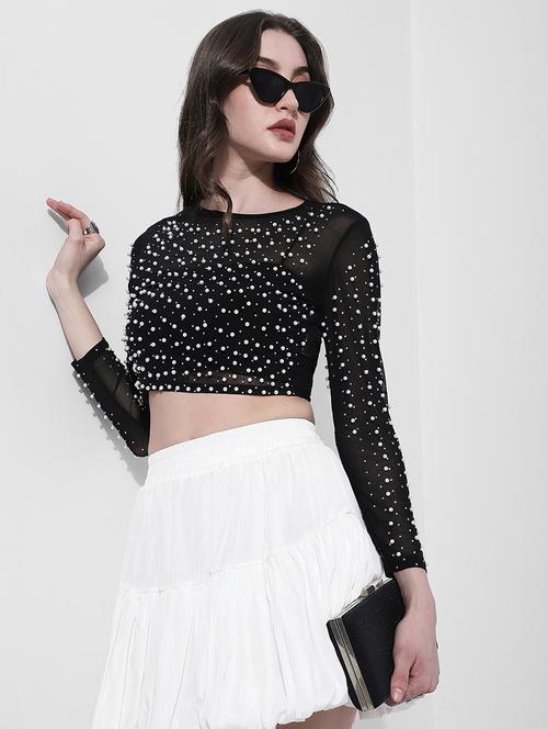 women embellished long sleeve crop top - 22363426 - Very Small Image - 1