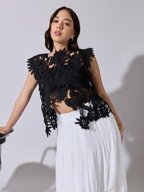 Women Self Designed Sheer Lace Asymmetric Top - 22363434 - Very Small Image - 1