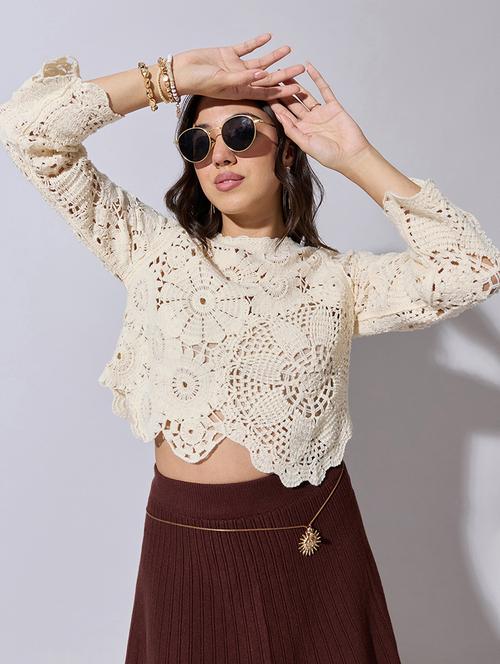 women self designed sheer crochet crop top - 22363463 - Very Small Image - 1