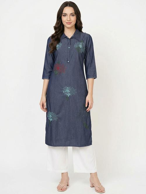 Women Solid With Work Three Quarter Sleeve Straight Kurta - 22373338 - Very Small Image - 1