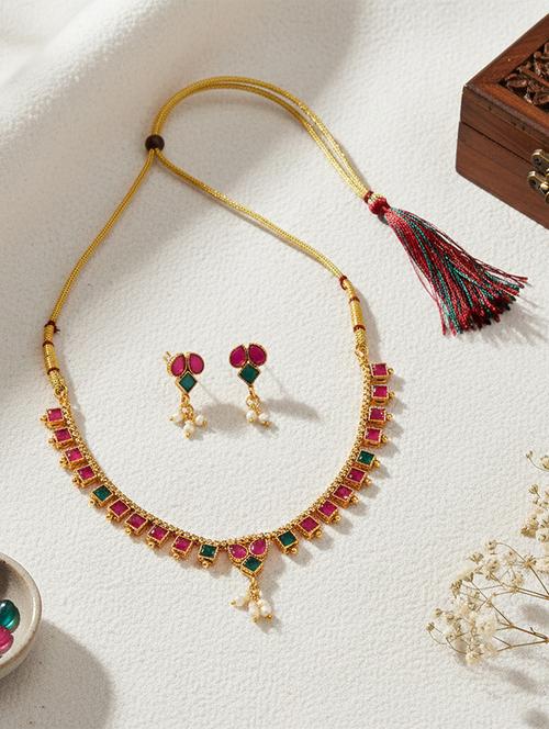 brass gold imitation ruby emerald necklace set - 22377328 - Very Small Image - 1
