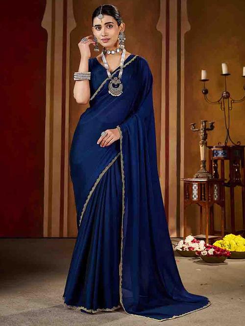 women solid with embellished bordered saree with blouse - 22378543 - Very Small Image - 1