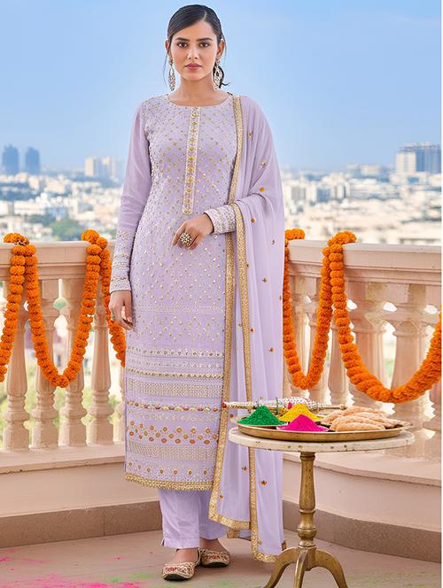 Women Solid With Work Semi-stitched Suit Set - 22379281 - Very Small Image - 1