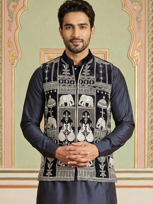 men solid with work mandarin neck nehru jacket - 22379308 - Very Small Image - 1