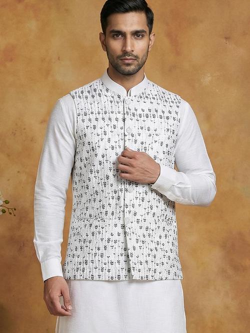 men solid with work mandarin neck nehru jacket - 22379310 - Very Small Image - 1
