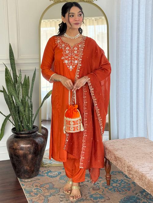 Women Solid With Work Three Quarter Sleeve Kurta Pant With Dupatta Set - 22379558 - Very Small Image - 1