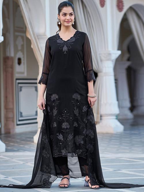 women solid with work three quarter sleeve kurta pant with dupatta set - 22379572 - Very Small Image - 1