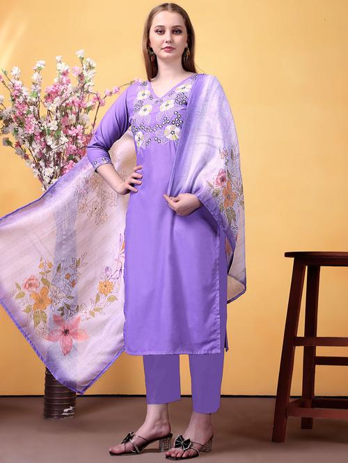 women solid with work three quarter sleeve kurta pant with dupatta set - 22379582 - Very Small Image - 1