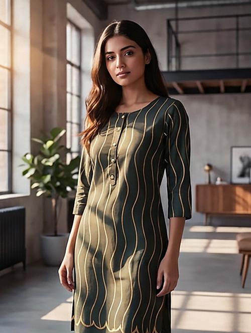 Women Printed Three Quarter Sleeves Straight Kurta - 22379671 - Very Small Image - 1