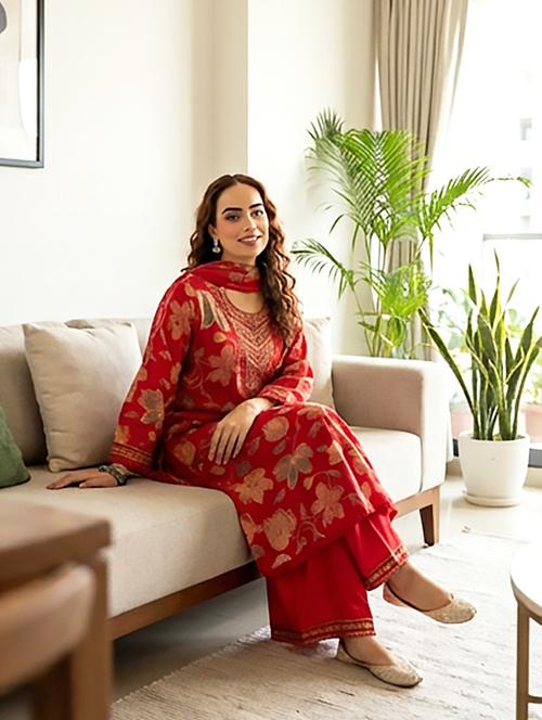 Women Printed Three Quarter Sleeves Kurta And Palazzo Set With Dupatta - 22379767 - Very Small Image - 1