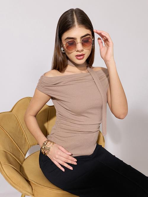 women solid off shoulder top with neck tie - 22381058 - Very Small Image - 1