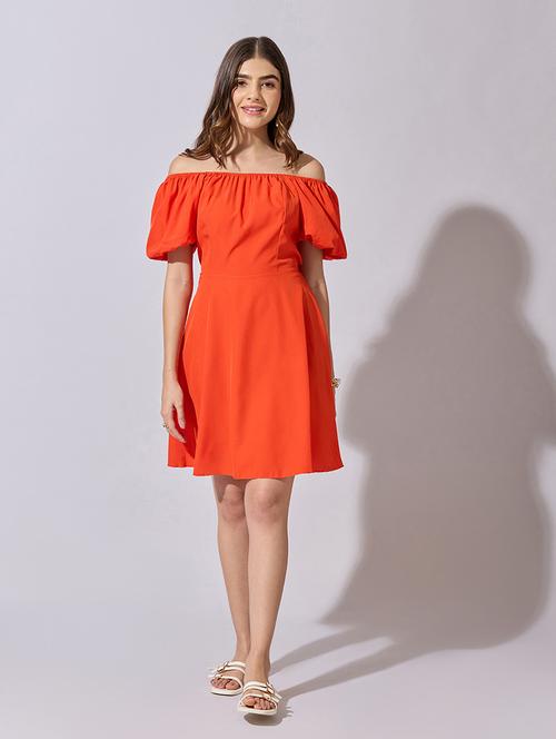women solid off shoulder back tie fit & flare dress - 22381214 - Very Small Image - 1