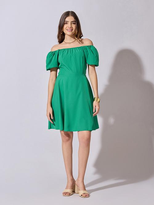women solid off shoulder back tie fit & flare dress - 22381216 - Very Small Image - 1