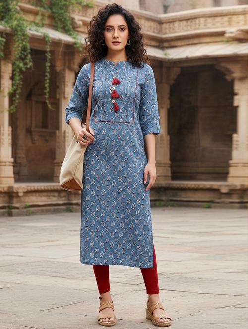 women printed three quarter sleeve straight kurta - 22381633 - Very Small Image - 1