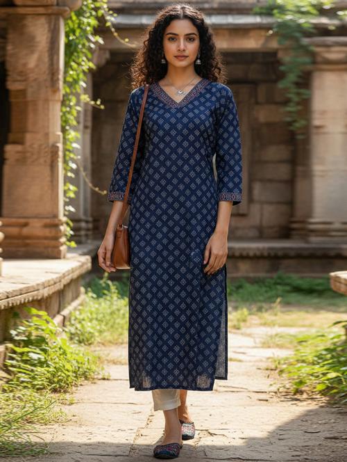 women printed three quarter sleeve straight kurta - 22381642 - Very Small Image - 1