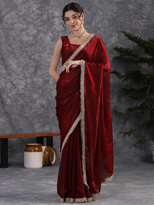 Women Solid With Bordered Saree With Blouse - 22385368 - Very Small Image - 1