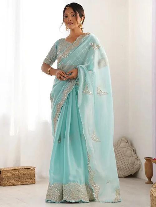 Women Solid With Work Embroidered Saree With Blouse - 22385404 - Very Small Image - 1