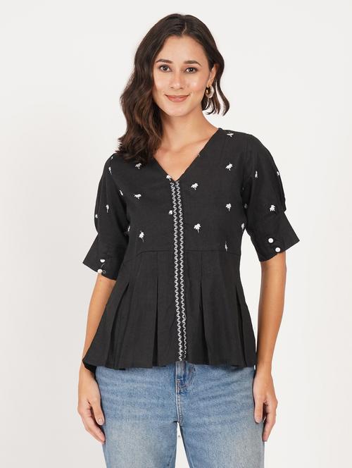 women solid with work puff sleeve ethnic top - 22387109 - Very Small Image - 1