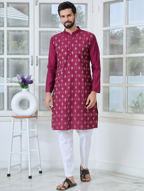 men solid with work long sleeve kurta pyjama set - 22391699 - Very Small Image - 1