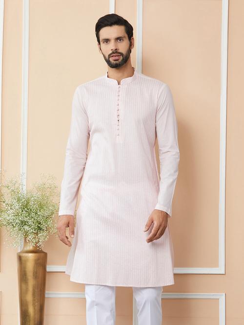 Men Solid With Work Mandarin Neck Long Kurta - 22392157 - Very Small Image - 1