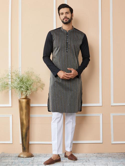 men solid with work mandarin neck long kurta - 22392161 - Very Small Image - 1
