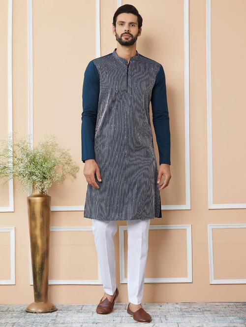 men solid with work mandarin neck long kurta - 22392166 - Very Small Image - 1