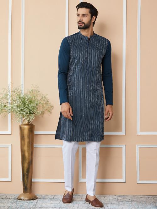 men solid with work mandarin neck long kurta - 22392172 - Very Small Image - 1