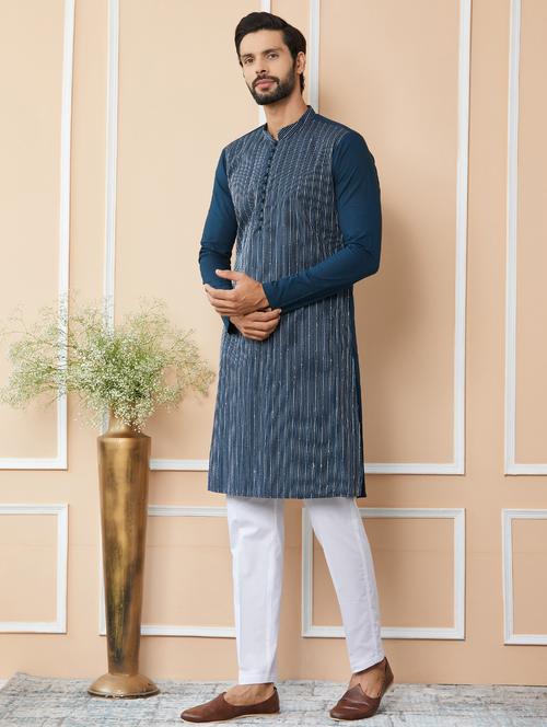 men solid with work mandarin neck long kurta - 22392175 - Very Small Image - 1