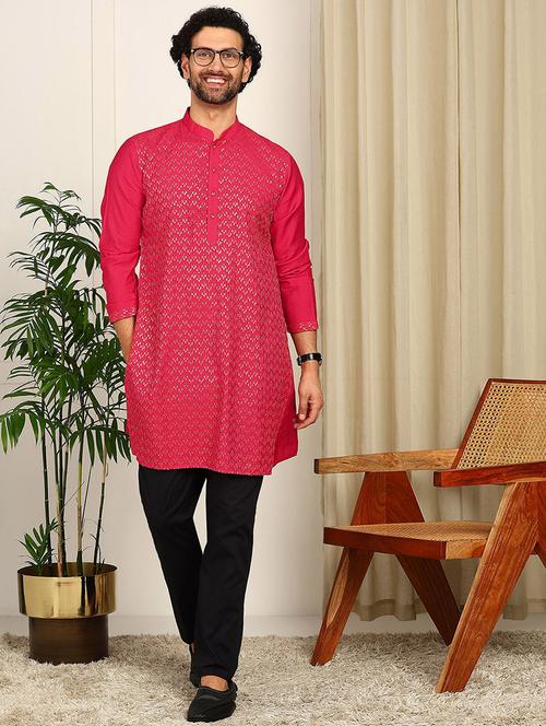 men solid with work mandarin neck long kurta - 22392569 - Very Small Image - 1