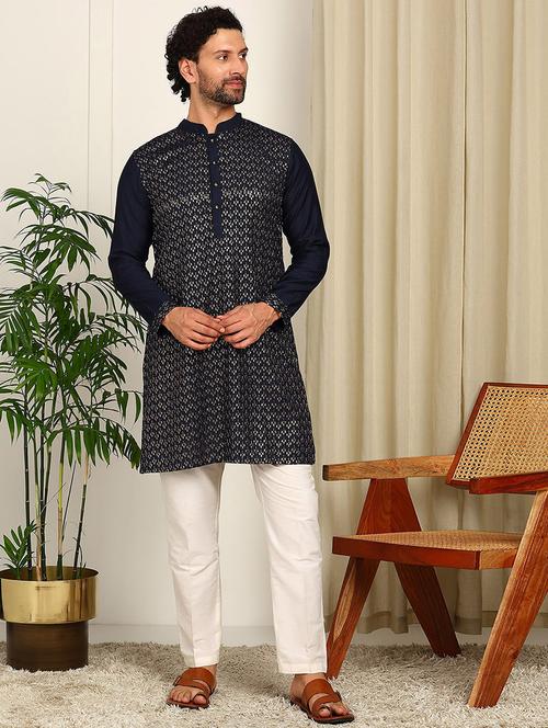 men solid with work mandarin neck long kurta - 22392570 - Very Small Image - 1