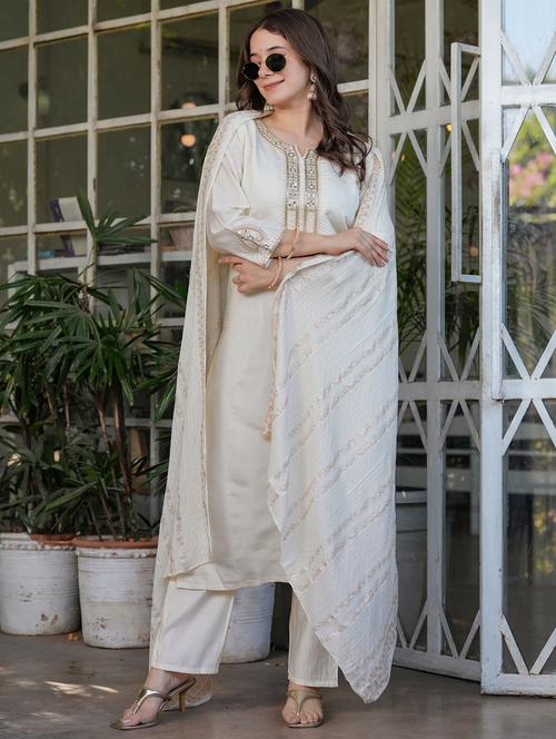 Women Solid With Work Three Quarter Sleeve Kurta Pant With Dupatta Set - 22393120 - Very Small Image - 1