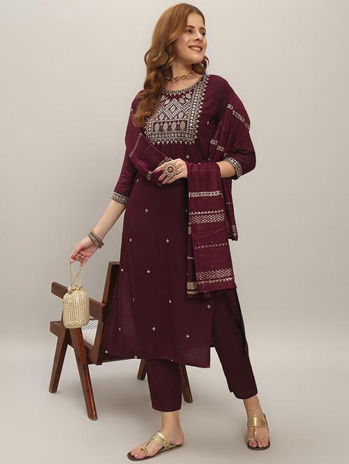 women solid with work three quarter sleeve kurta pant with dupatta set - 22393336 - Very Small Image - 1