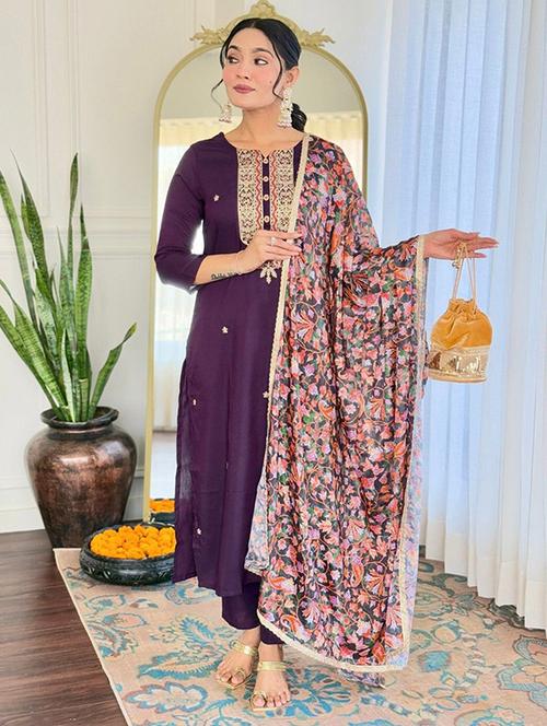women solid with work three quarter sleeve kurta pant with dupatta set - 22393521 - Very Small Image - 1