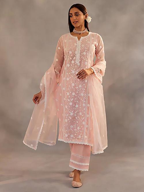 women solid with work three quarter sleeve kurta pant with dupatta set - 22393596 - Very Small Image - 1