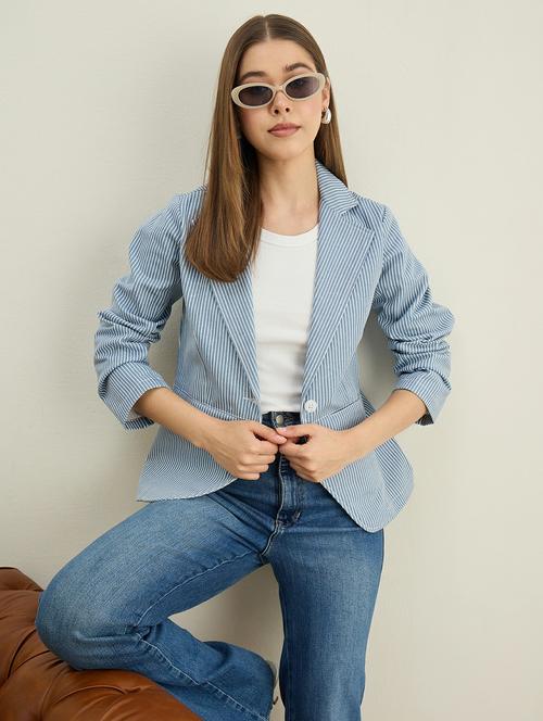 women striped long sleeve single breasted blazer - 22401950 - Very Small Image - 1
