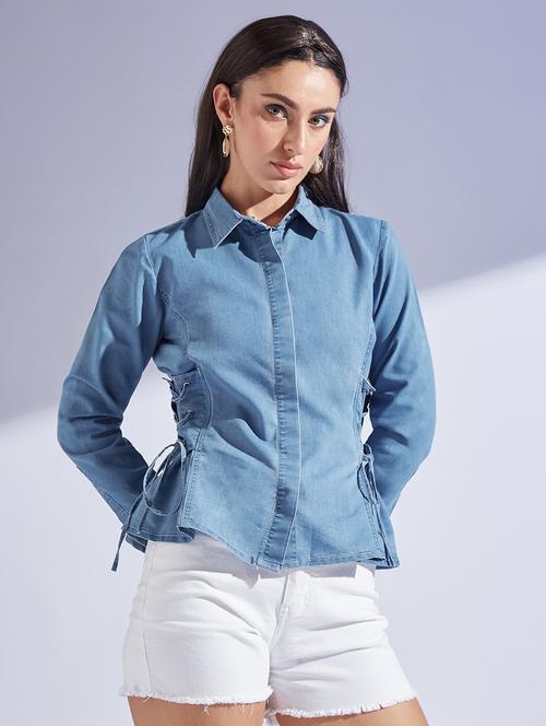 blue denim shirt with tie-up detail - 22402571 - Very Small Image - 1
