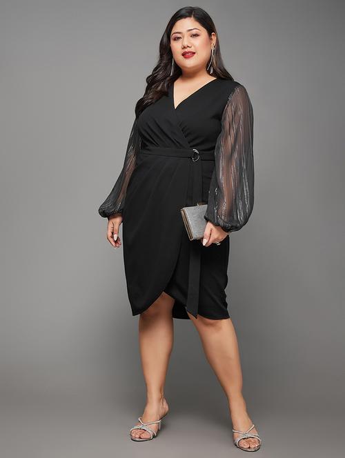 women plus size solid bishop sleeve wrap dress - 22403191 - Very Small Image - 1