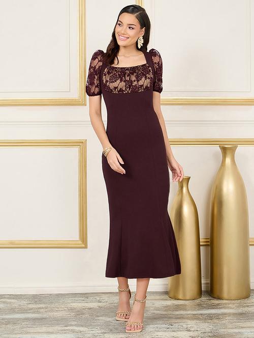women solid puff sleeve lace bodycon dress - 22403199 - Very Small Image - 1