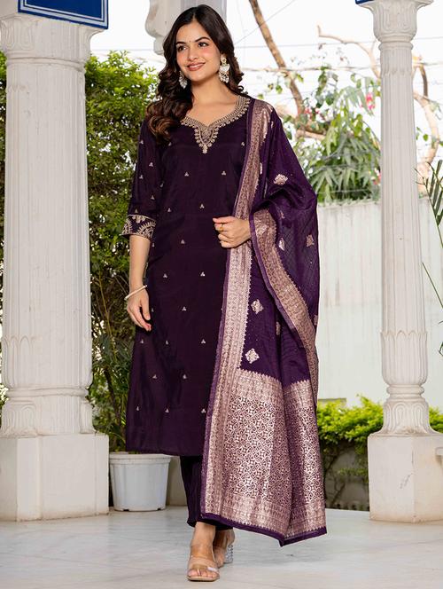 women solid with work three quarter sleeve kurta pant with dupatta set - 22433917 - Very Small Image - 1