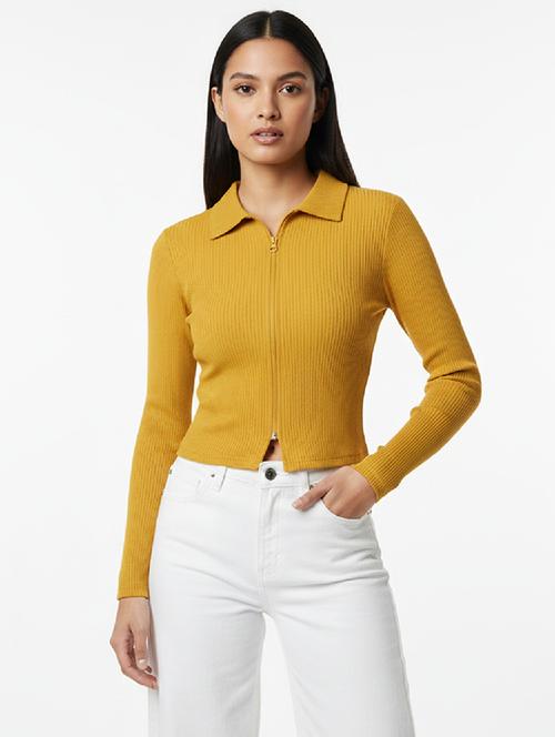 women solid yellow rib knit regular top - 22438376 - Very Small Image - 1