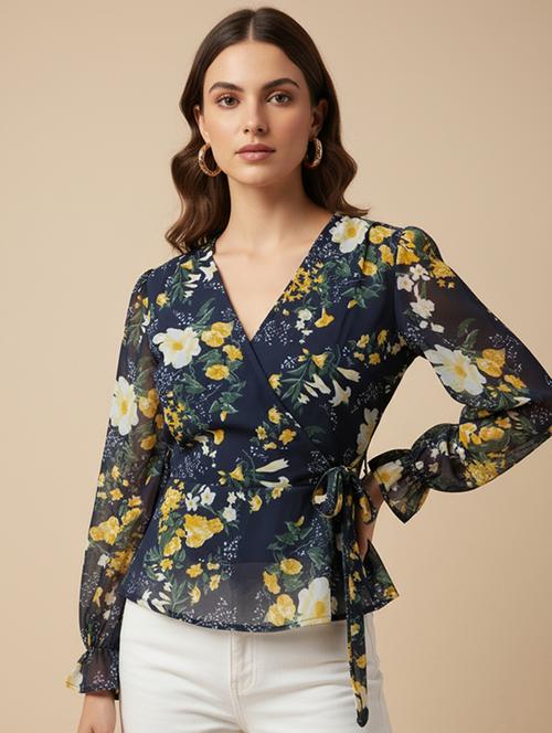 women floral navy blue georgette wrap top - 22438377 - Very Small Image - 1